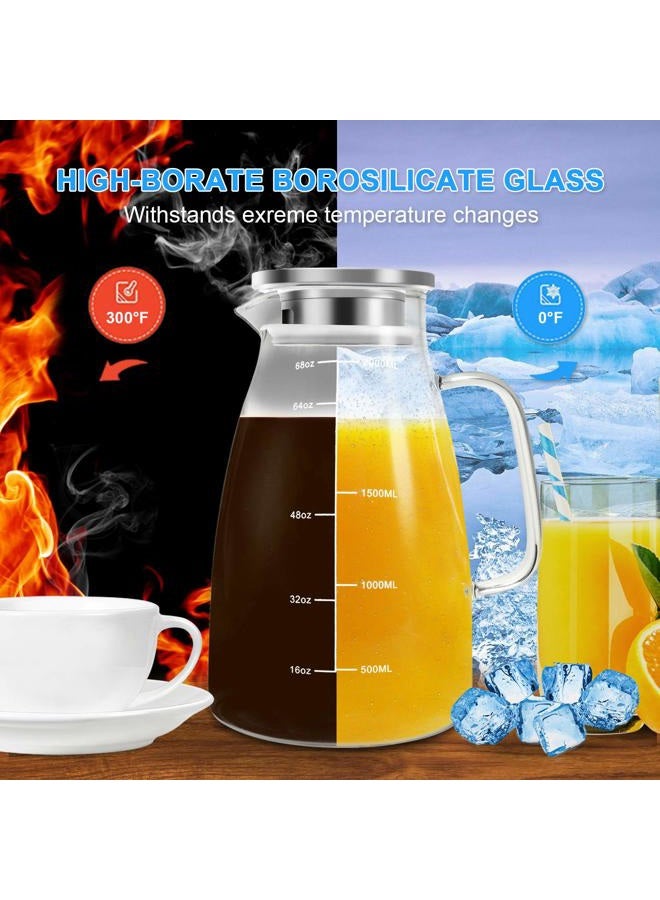 Aofmee Glass Pitcher, 2010ml Water Pitcher with Lid and Precise Scale Line, 18/8 Stainless Steel Iced Tea Pitcher, Easy Clean Heat Resistant Borosilicate Glass Jug for Juice, Milk, Cold or Hot Beverages - Image 3