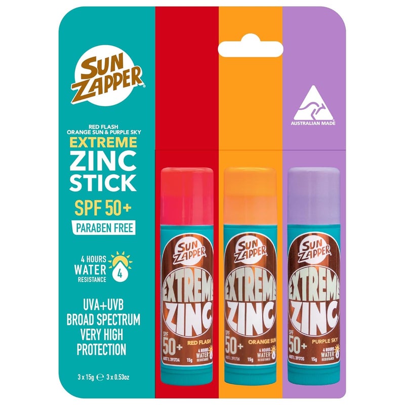 Sun Zapper Extreme Zinc Stick Triple Pack  SPF 50 Water Resistant Sunscreen  Red Orange Purple  15g Each  Made in Australia