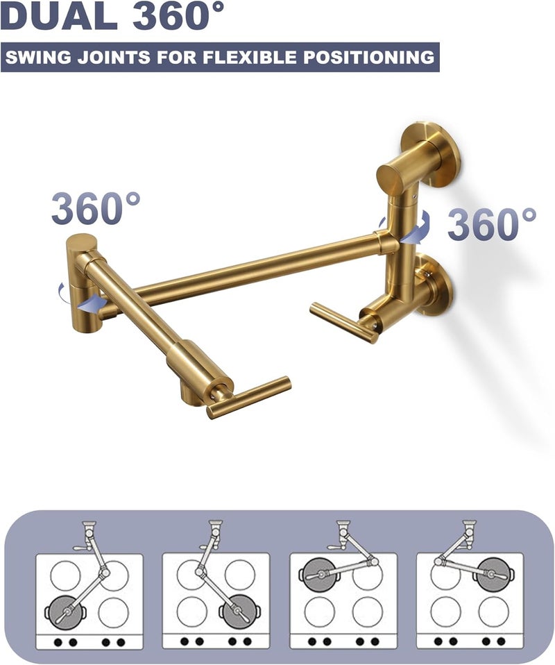 WOWOW Gold Pot Filler Faucet: Single Hole Wall Mount Stove Faucet, Brass Pot Filler Two Attachment with Double Joint Swing Arms - Image 5