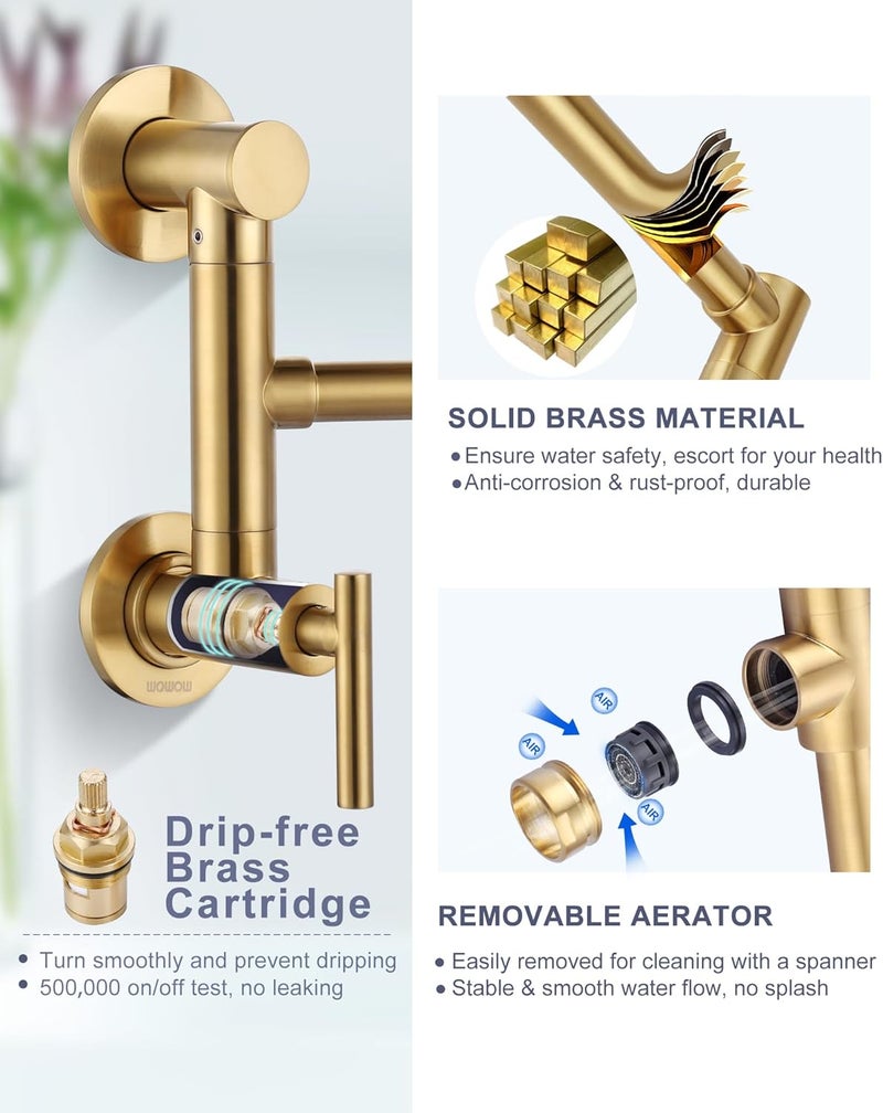 WOWOW Gold Pot Filler Faucet: Single Hole Wall Mount Stove Faucet, Brass Pot Filler Two Attachment with Double Joint Swing Arms - Image 4