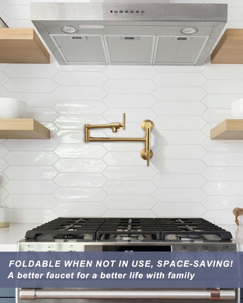 WOWOW Gold Pot Filler Faucet: Single Hole Wall Mount Stove Faucet, Brass Pot Filler Two Attachment with Double Joint Swing Arms - Image 2