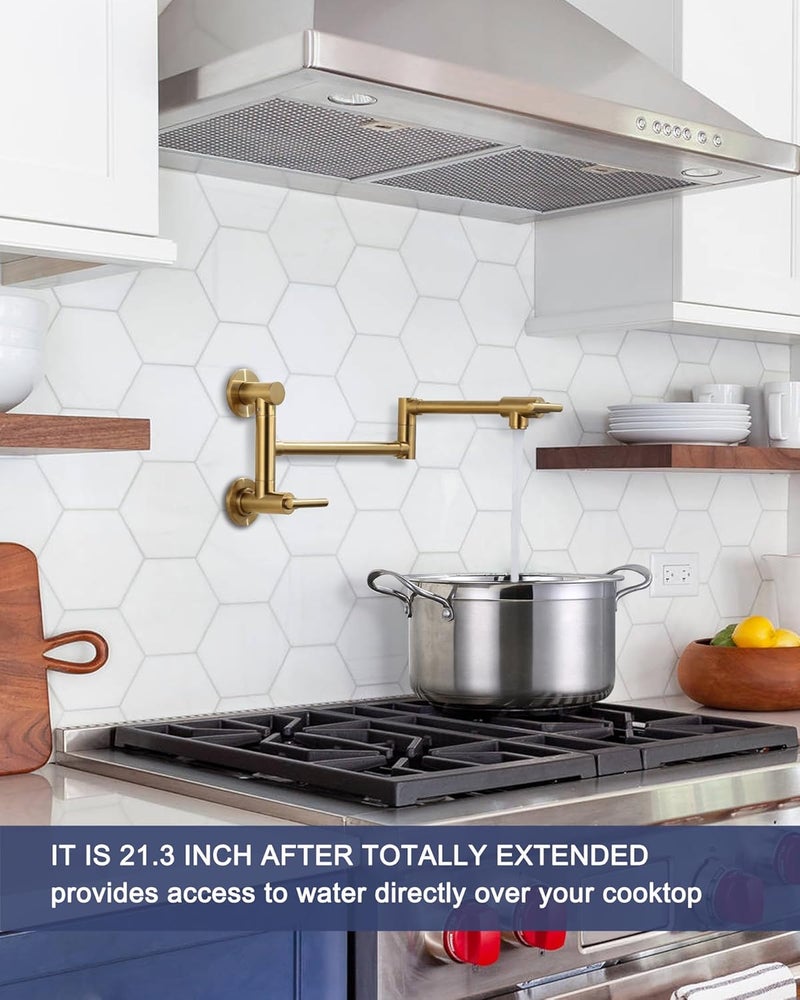 WOWOW Gold Pot Filler Faucet: Single Hole Wall Mount Stove Faucet, Brass Pot Filler Two Attachment with Double Joint Swing Arms - Image 3