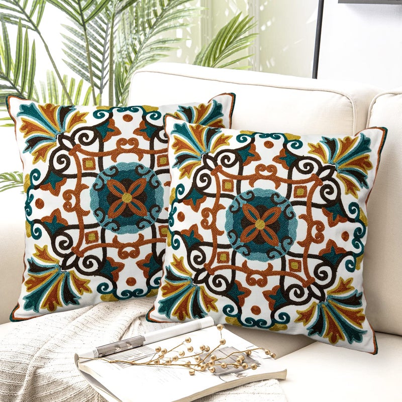 Alysheer Floral Embroidered Fall Decorative Throw Pillow Cover 18x 18 Set of 2 Boho Farmhouse Embroidery Patterned Orange Teal Cushion Case for Sofa Couch Living Room Bedroom Outdoor