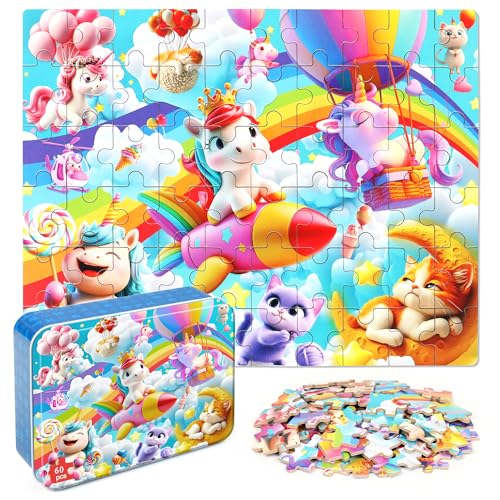 MZZOTOY Rainbow Horse Unicorn Puzzles for Kids Ages 48 60 Pieces Jigsaw Puzzles for Kids Ages 35 Puzzle for Girls and Boys Learning Educational Puzzles Toys in a Metal Box - Image 1