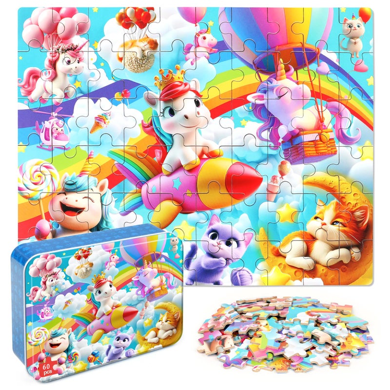 MZZOTOY Rainbow Horse Unicorn Puzzles for Kids Ages 48 60 Pieces Jigsaw Puzzles for Kids Ages 35 Puzzle for Girls and Boys Learning Educational Puzzles Toys in a Metal Box - Image 3