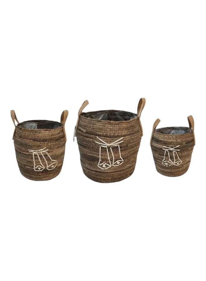Generic Brown straw round clothes basket set, 3 pieces 