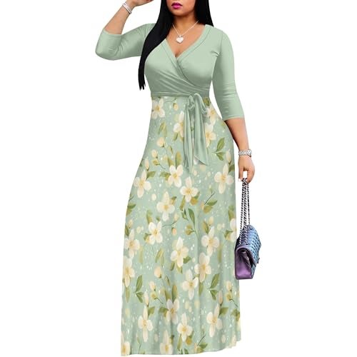 PinkPatty Women’s Plus Size Sage Green Floral Maxi Dress 3/4 Sleeve Wrap V Neck Wedding Guest Church Long Dresses with Pockets (Floral22 M) - Image 2