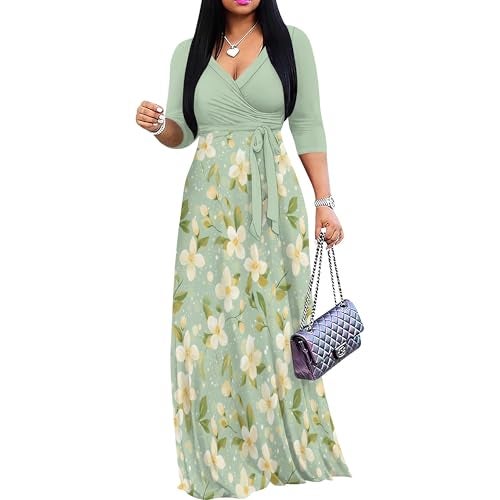 PinkPatty Women’s Plus Size Sage Green Floral Maxi Dress 3/4 Sleeve Wrap V Neck Wedding Guest Church Long Dresses with Pockets (Floral22 M) - Image 1