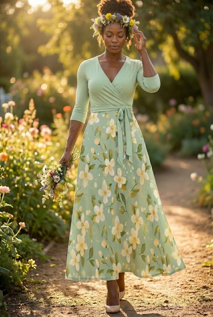 PinkPatty Women’s Plus Size Sage Green Floral Maxi Dress 3/4 Sleeve Wrap V Neck Wedding Guest Church Long Dresses with Pockets (Floral22 M) - Image 3