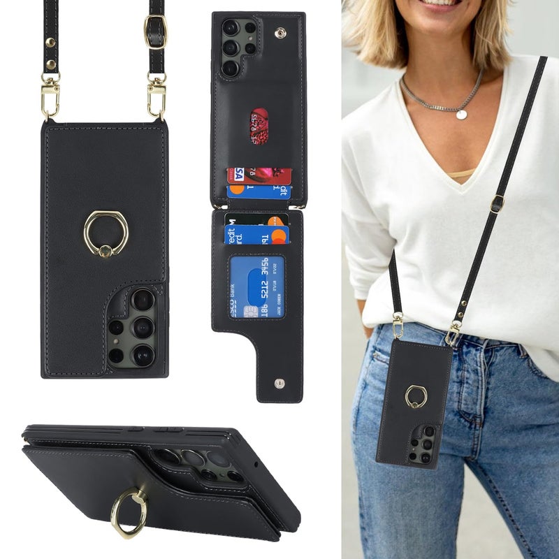 Lipvina for Samsung Galaxy S23 Ultra Case with Card Holder and Strap for Women,Crossbody Lanyard,Ring Stand,Snap Clasp,Phone Wallet Cases 6.8 inch(Black) - Image 1