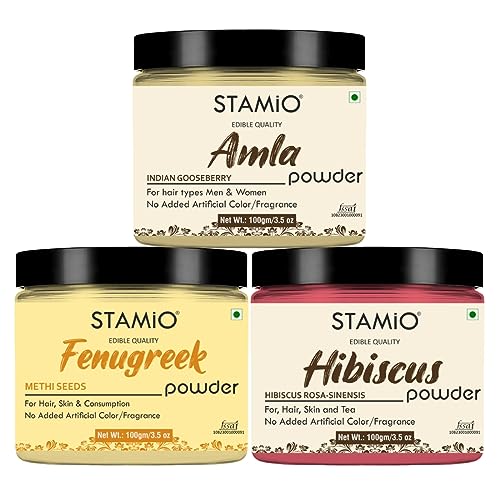 STAMIO Hair Care 3 Products Combo 300 gm - Amla Methi (Fenugreek) Hibiscus Powder for Pack, Wash, Mask, Shampoo, Anti-Dandruff, Cleanser | Natural Seedless Powders Kit | In Jar (100gm X 3) - Image 1