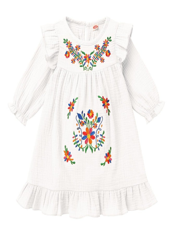 ODIZLI Girls Mexican Dress Toddler Baby Girls Floral Colorful Embroidery Dresses Traditional Ethnic Wear Cinco De Mayo Fiesta Casual Fall Winter Clothes A Line Ruffle Dress Long Sleeve White 2-3 Years - Image 1