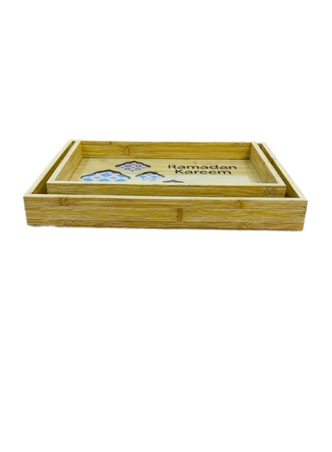 طقم صواني تقديم  من خشب الخيزران مع قاعدة زجاج شفاف نمط إسلامي رمضان كريم مجموعة من قطعتين حجم مناسب - Image 3