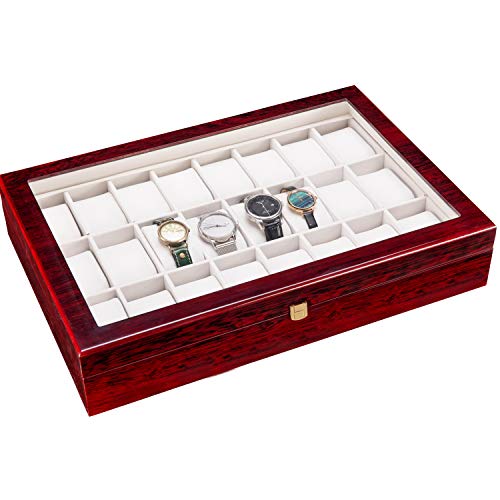 Fosinz 24 Slots Watch Box, Men Women Wood Watch Case, Truly Glass Watch Display Box for Father's Day Christmas Mother's Day Anniversary (16.7" x 11.42" x 3.15", Bright Mahogany Red) - Image 1