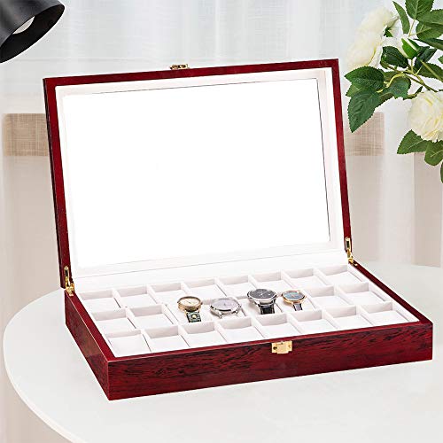 Fosinz 24 Slots Watch Box, Men Women Wood Watch Case, Truly Glass Watch Display Box for Father's Day Christmas Mother's Day Anniversary (16.7" x 11.42" x 3.15", Bright Mahogany Red) - Image 2