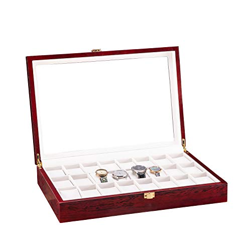 Fosinz 24 Slots Watch Box, Men Women Wood Watch Case, Truly Glass Watch Display Box for Father's Day Christmas Mother's Day Anniversary (16.7" x 11.42" x 3.15", Bright Mahogany Red) - Image 4
