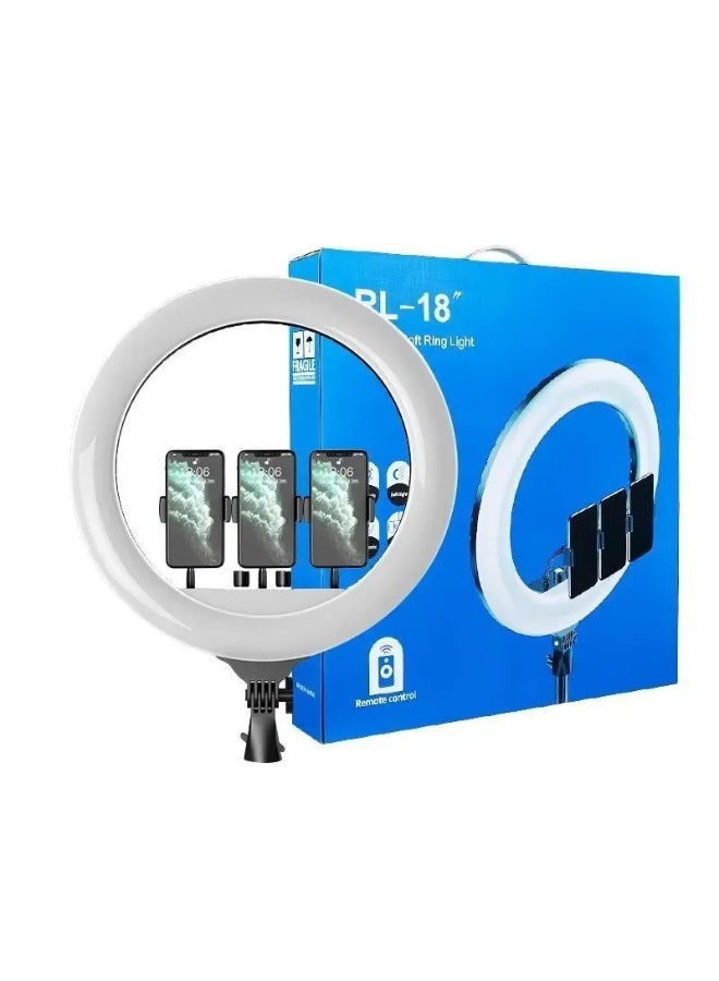 MAKS & CO. 18" LED Selfie Ring Light with Floor Tripod & 3-Phone Holder Bracket – Soft Lighting with Remote Control - Image 1