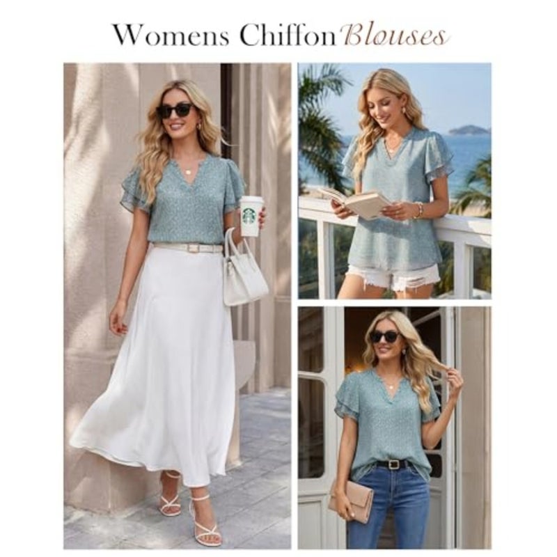 Lotusmile Elegant Chiffon Blouse for Women, Summer, Puff Blossoms, Short Sleeves, V-Neck, Casual Work Top - Image 4
