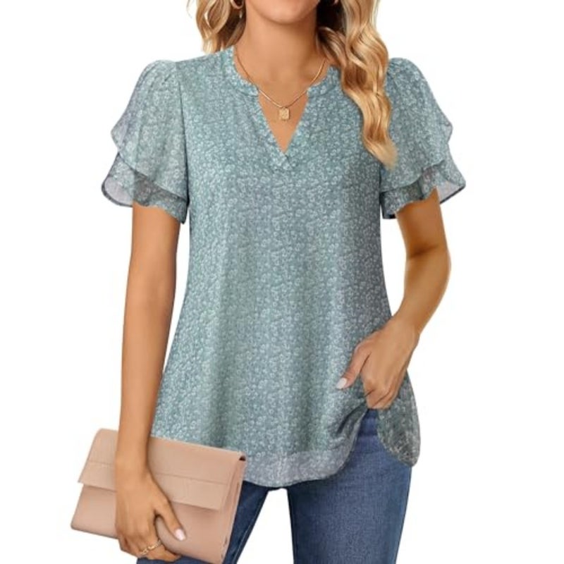 Lotusmile Elegant Chiffon Blouse for Women, Summer, Puff Blossoms, Short Sleeves, V-Neck, Casual Work Top - Image 2