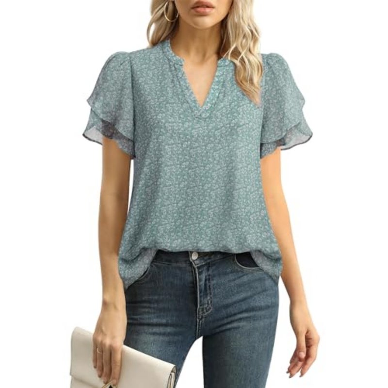 Lotusmile Elegant Chiffon Blouse for Women, Summer, Puff Blossoms, Short Sleeves, V-Neck, Casual Work Top - Image 1