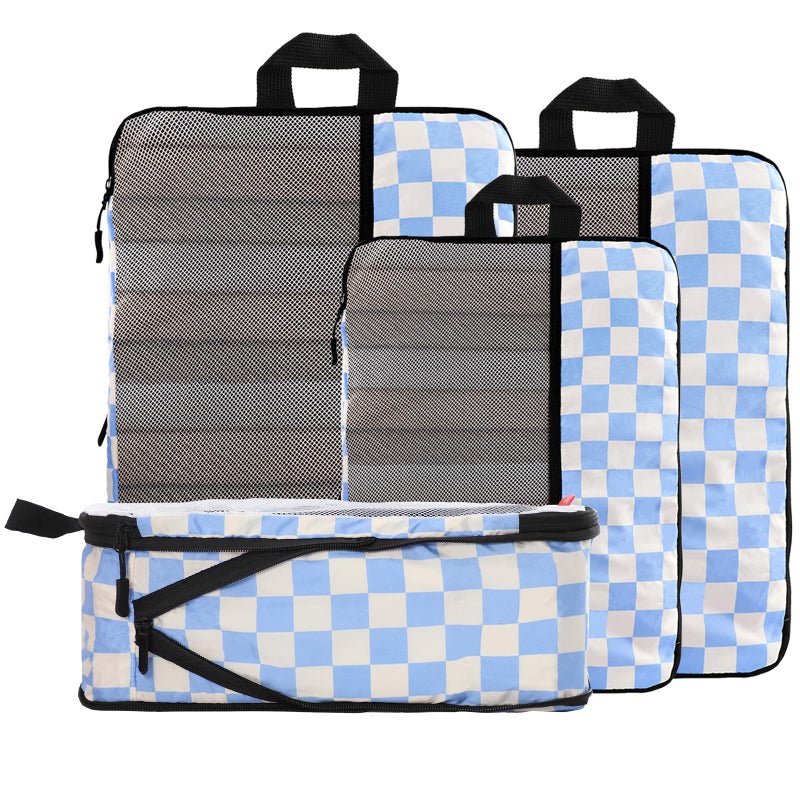 U+U 4 Set Compression Packing Cubes - Ultralight Travel Organizers, Space-Saving Suitcase Organizer, Expandable Packing Cubes for Travel, Business Trip and Family Vacation (Blue Checkered) - Image 1