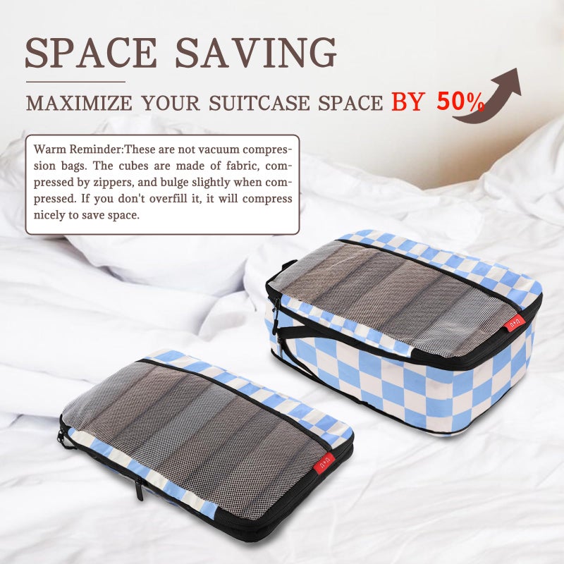 U+U 4 Set Compression Packing Cubes - Ultralight Travel Organizers, Space-Saving Suitcase Organizer, Expandable Packing Cubes for Travel, Business Trip and Family Vacation (Blue Checkered) - Image 3