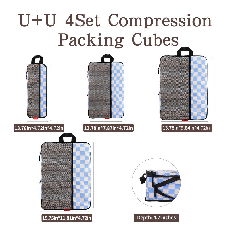 U+U 4 Set Compression Packing Cubes - Ultralight Travel Organizers, Space-Saving Suitcase Organizer, Expandable Packing Cubes for Travel, Business Trip and Family Vacation (Blue Checkered) - Image 5