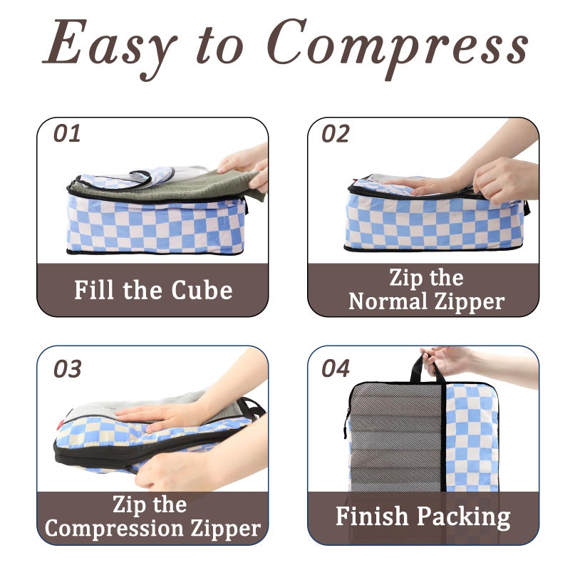 U+U 4 Set Compression Packing Cubes - Ultralight Travel Organizers, Space-Saving Suitcase Organizer, Expandable Packing Cubes for Travel, Business Trip and Family Vacation (Blue Checkered) - Image 4