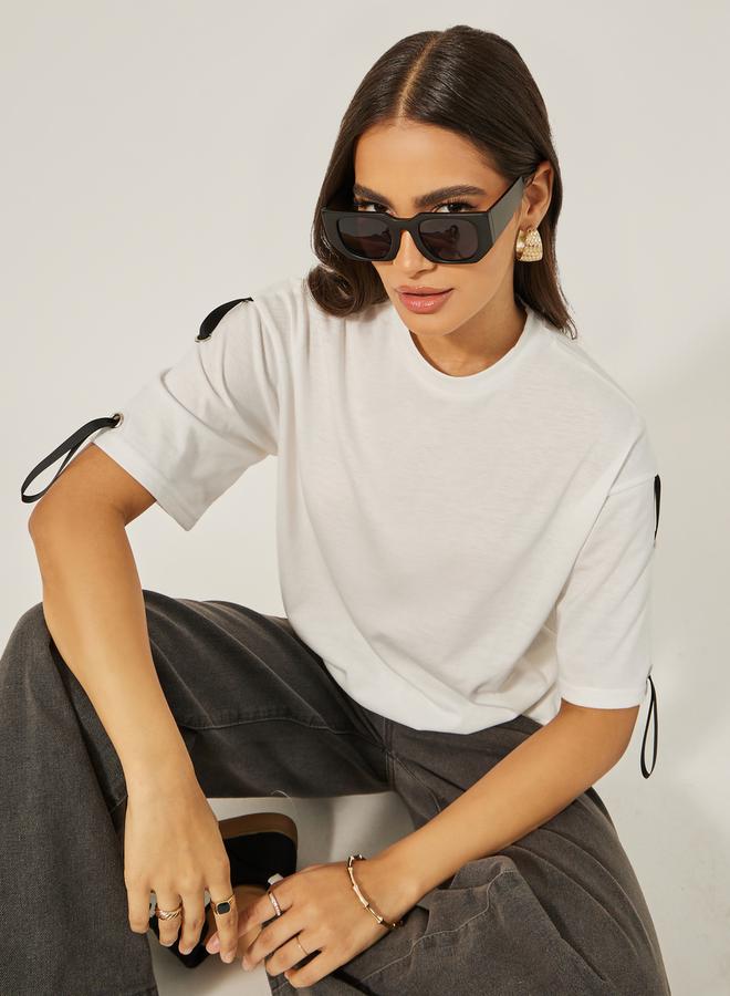 Styli Oversized Round Neck T-Shirt with Tape Detail  - Image 1