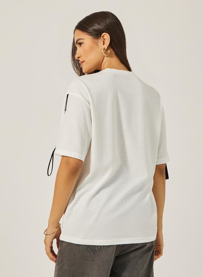 Styli Oversized Round Neck T-Shirt with Tape Detail  - Image 5