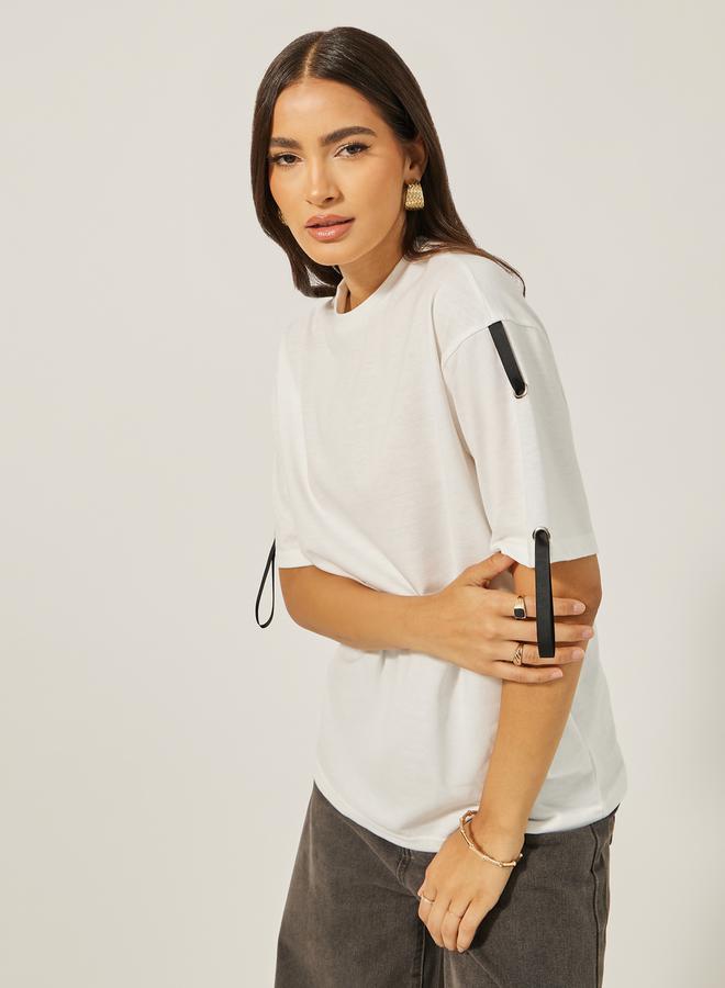 Styli Oversized Round Neck T-Shirt with Tape Detail  - Image 3