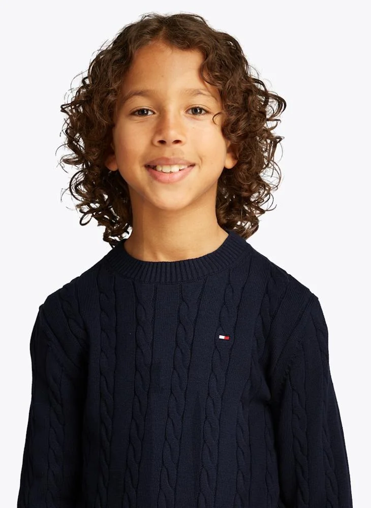 تومي هيلفيغر Youth Crew Neck Cotton Cable Sweater