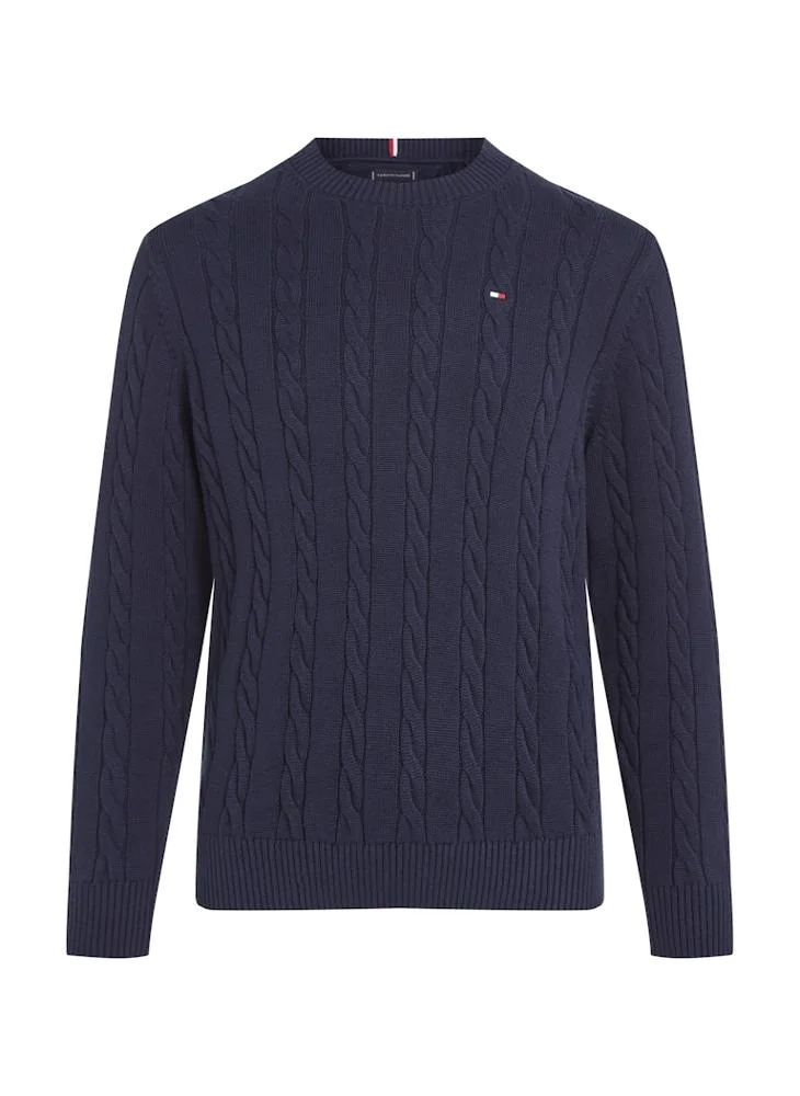 تومي هيلفيغر Youth Crew Neck Cotton Cable Sweater