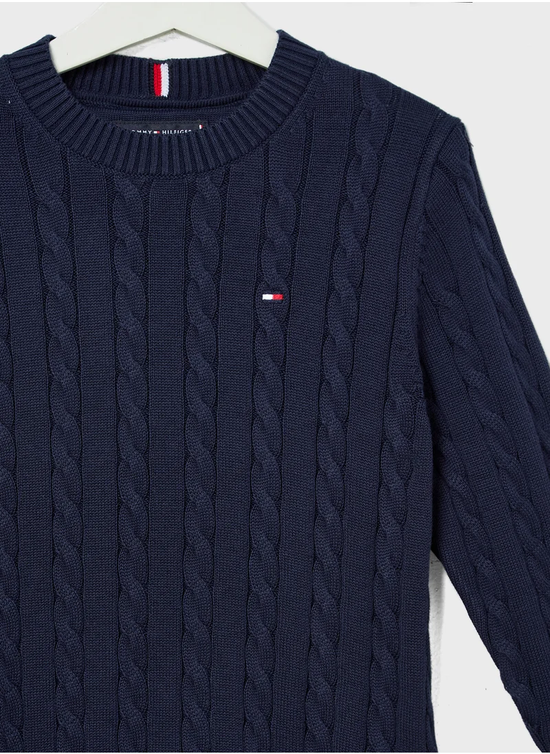 تومي هيلفيغر Youth Crew Neck Cotton Cable Sweater