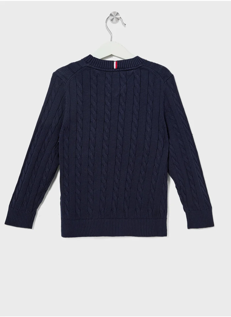 تومي هيلفيغر Youth Crew Neck Cotton Cable Sweater