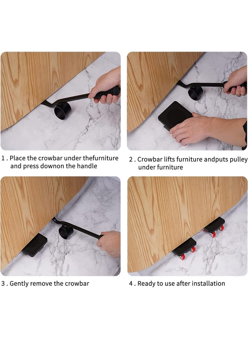 أثاث ثقيل رفع المتحركات دوللي عجلة الأسطوانة بار أدوات اليد مجموعة مع 360 درجة الدوران 4 عجلات صغيرة مسطحة دوللي ، أسود - Image 4