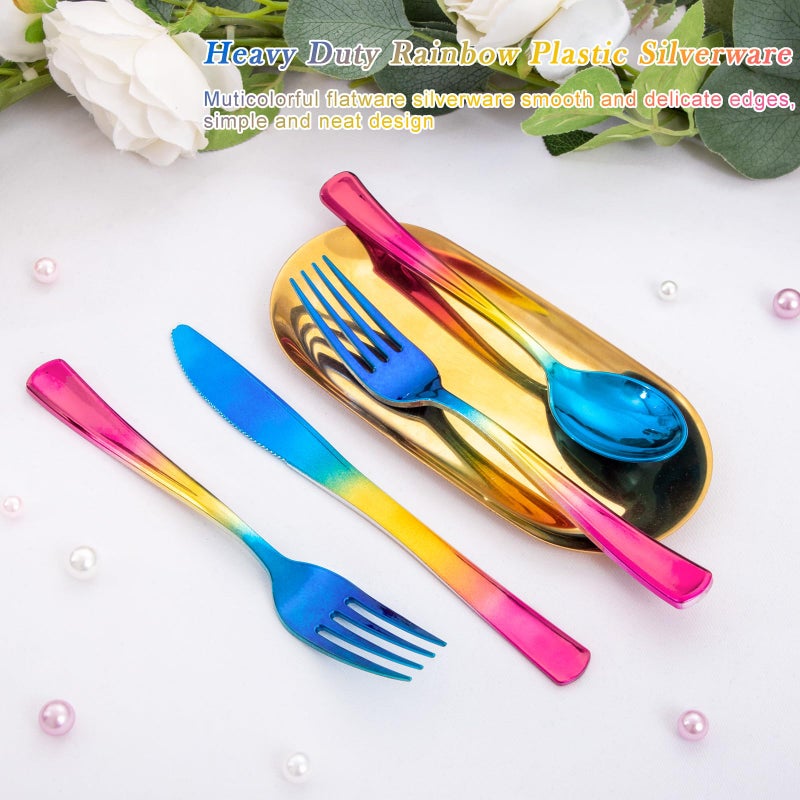 Supernal 120pcs Rainbow Plastic Silverware Rainbow Plastic Utensils Colorful Party Flatware Include 40 Forks 40 Knives and 40 Spoons for Trolls Party Baby Shower Decorations Easter Serves 40 Guests - Image 3