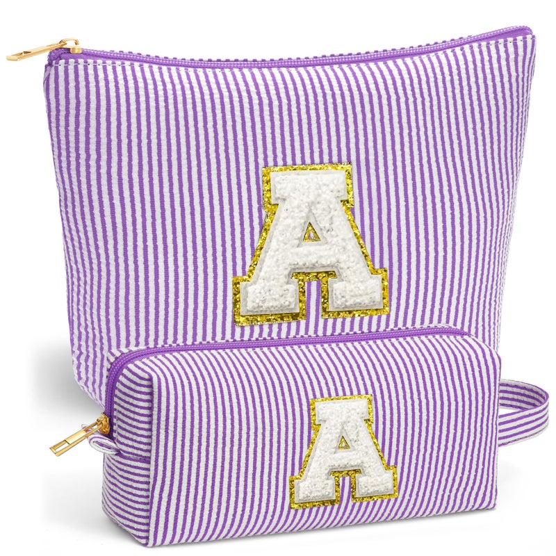 Fohufo Travel Makeup Bag Set - Travel Essentials, Initial Make up Cosmetic Bag Makeup Pouch Travel Toiletry Bag | Cute Purple Stuff Birthday Gifts for Women Mom Daughter, Purple Letter A - Image 1