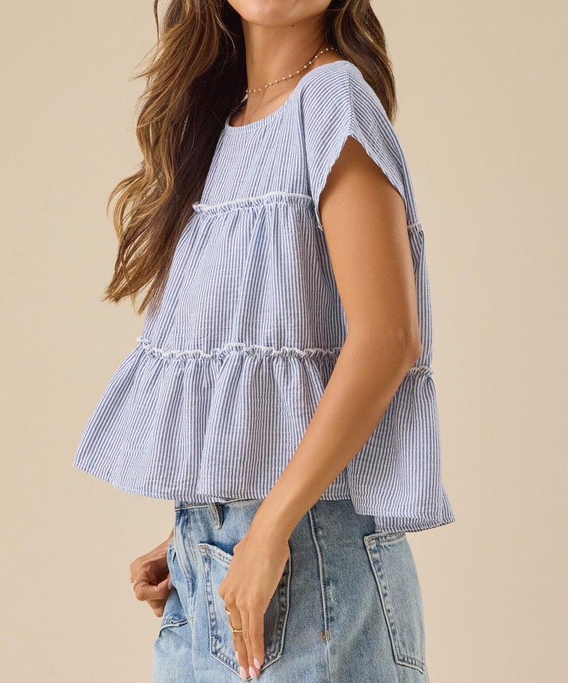 Foidiccx Womens Tiered Smocked Cute Boho Blouse Shirts Y2k Striped Ruched Flowy Ruffle Hem Layered Peplum Pleated Short Cap Sleeve Teen Girls School Babydoll Bubble Crop Tops Baby Tee - Image 3