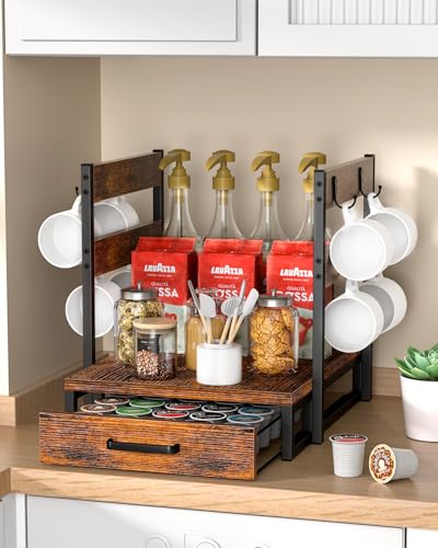 Evermagin K Cup Holder, 35 Pod Capacity, Coffee Pod Holder Compatible with Keurig, Coffee Station Organizer for Countertop with Cup Rack, Rustic Brown - Image 3