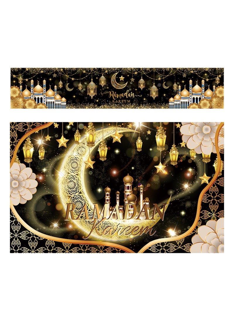 Aikanbo Ramadan Party Set,Ramadan Kareem Table Flag 70.8x13.7 inches and Ramadan Kareem Backdrop Banner 70.8x43.3 inches,Islamic Ramadan Mubarak Table Runner,Muslim Eid Mubarak Fabric Backdrop for Eid Celebration with Venus Moon Mosque Decoration,Islamic Home Decor Background - Image 1