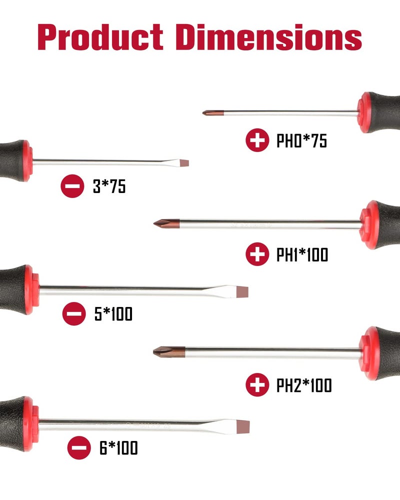 ROTATION 6PCS Magnetic Tip Screwdriver Set, 3 Phillips and 3 Flat, Red Tip | Red, Gloss, S2 Steel) - Image 2