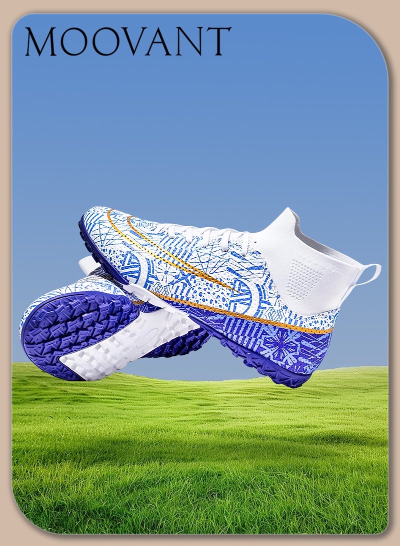Moovant Men's High Top Football Shoes, Football Boots with Short Spike, Training Sports Shoes, Patterned Sports Shoes, Non-slip, Wear resistant, Patterned, Lace-up, for Adult, Teenagers, Students, White/Blue - Image 1