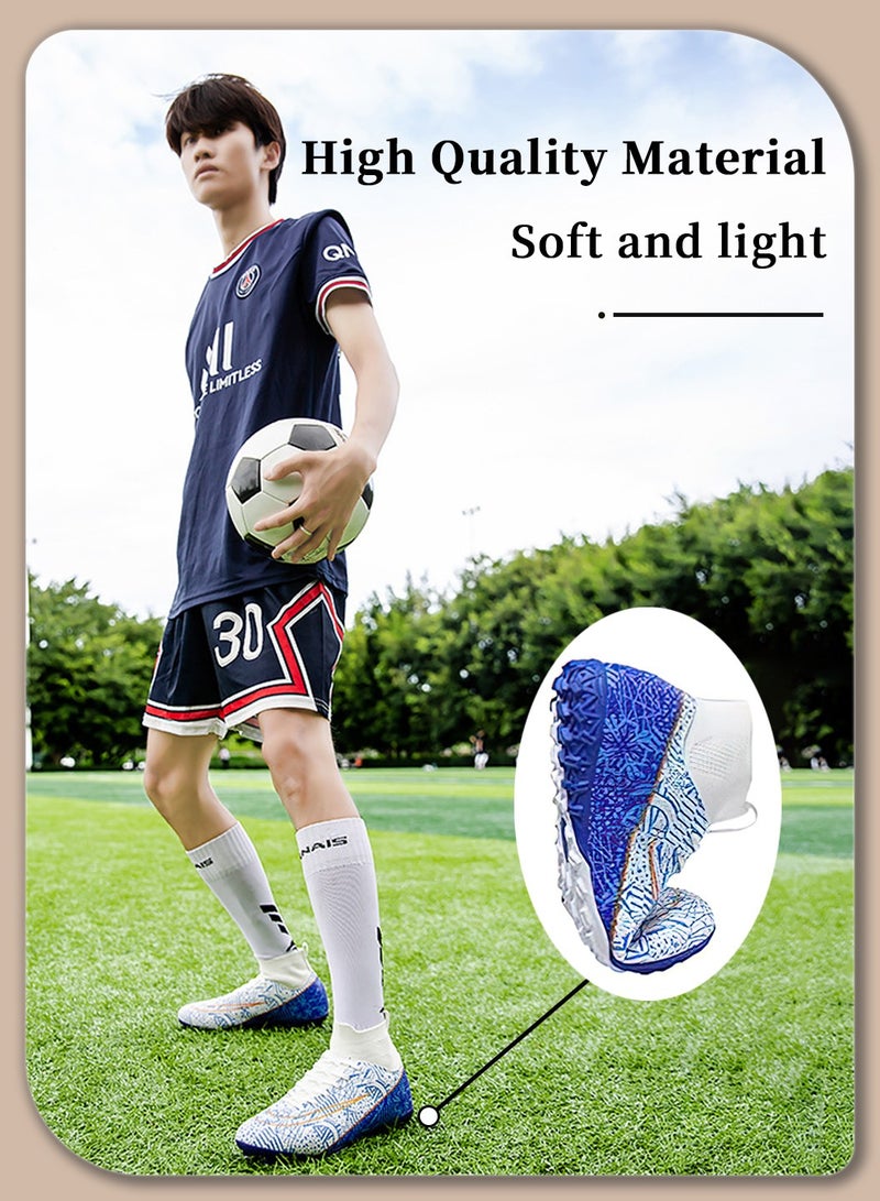 Moovant Men's High Top Football Shoes, Football Boots with Short Spike, Training Sports Shoes, Patterned Sports Shoes, Non-slip, Wear resistant, Patterned, Lace-up, for Adult, Teenagers, Students, White/Blue - Image 2
