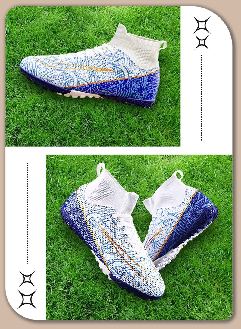 Moovant Men's High Top Football Shoes, Football Boots with Short Spike, Training Sports Shoes, Patterned Sports Shoes, Non-slip, Wear resistant, Patterned, Lace-up, for Adult, Teenagers, Students, White/Blue - Image 3