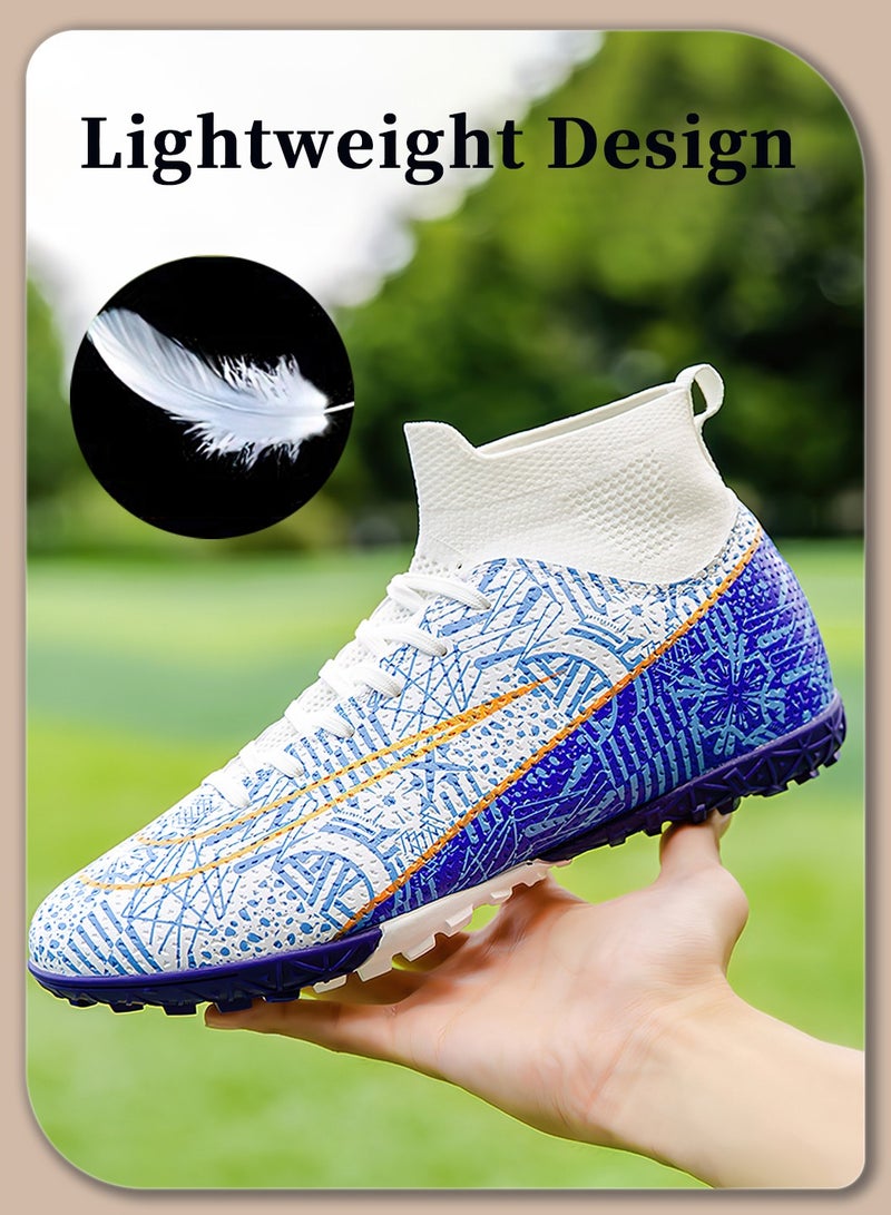 Moovant Men's High Top Football Shoes, Football Boots with Short Spike, Training Sports Shoes, Patterned Sports Shoes, Non-slip, Wear resistant, Patterned, Lace-up, for Adult, Teenagers, Students, White/Blue - Image 5
