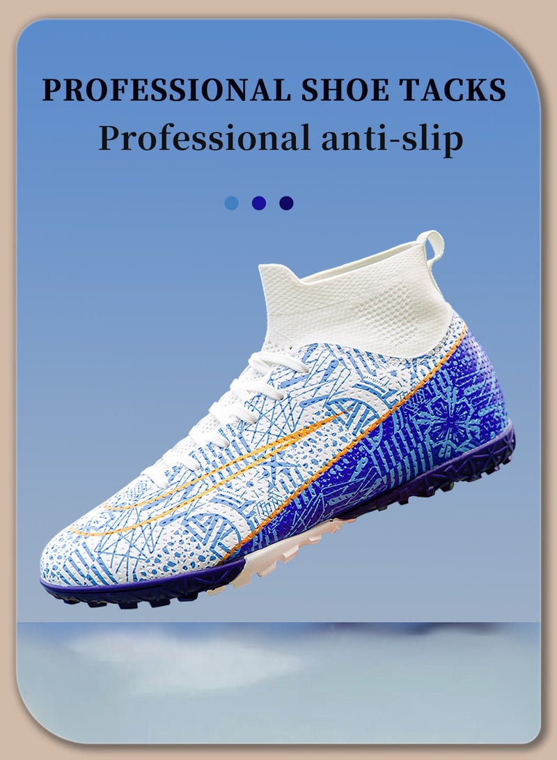 Moovant Men's High Top Football Shoes, Football Boots with Short Spike, Training Sports Shoes, Patterned Sports Shoes, Non-slip, Wear resistant, Patterned, Lace-up, for Adult, Teenagers, Students, White/Blue - Image 4
