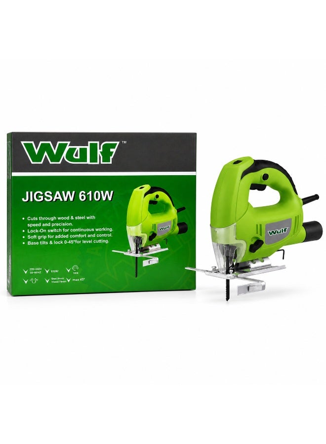 Wulf 610W Electric Jigsaw Heavy Duty Wood and Metal Cutting Machine with Adjustable Base Lock-On Switch and Precision Cutting for Carpentry DIY and Construction - Image 1