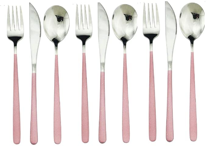 KolorfulStainless Steel Gold Plated Spoon Set HeavyDuty Stainless Steel Dinner sppon Include Knifes Forks Spoons SilverwareMetal Forks for Home Kitchen Restaurant Hotel Pink 6 - Image 2
