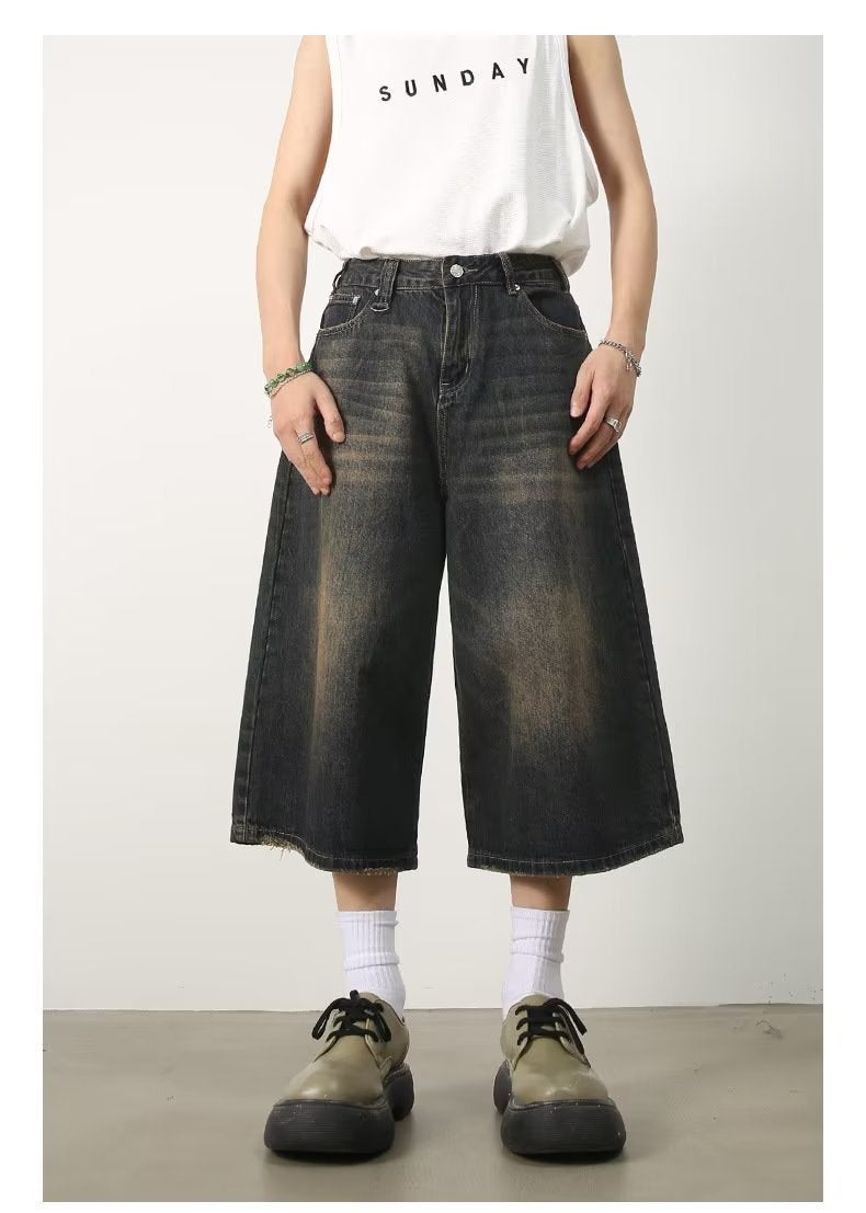 Boys New Summer Solid Color Fashionable Dark Blue Denim 7-Point Pants All-Match Loose Wide-Leg Straight Shorts Capri Pants - Image 1